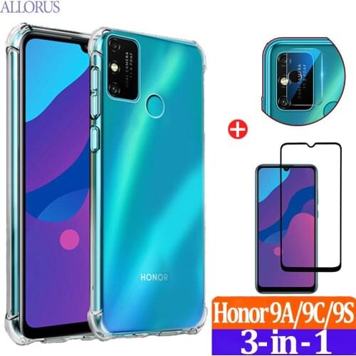 3-in-1 Original Phone Case Cover Honor 9A Case Transparent Airbag Shockproof Cases Huawei Y6P Honor 9S 9C Play 9a 9X Premium Pro Glass Soft Camera,Silicone Protective Case Honor9a Honor 9 A Clear Cover