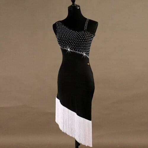 Black Latin Dance Dress For Women Rhinestone White Fringe Dress Salsa Dress Professional Stage Competitive Latin Dress VDB125
