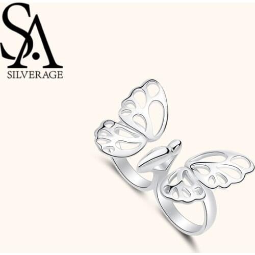 SA SILVERAGE Butterfly Double Finger Ring 925 Sterling Silver Luxury Open Finger Female Sterling Silver Wedding Rings for Woman