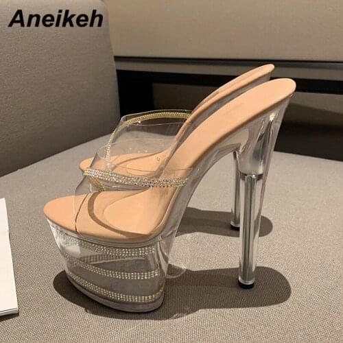 Aneikeh Summer Fashion Slippers Sexy Platform PVC Bling Thin Heels Rome Party Shallow Modern Shoes For Women Crystal Polka Dot