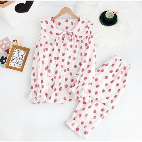 Fashion 2021 New Ladies Pajamas Set Spring and Autumn Pure Cotton Gauze Summer Long-sleeved Pants Cute Korean Home Service Suit