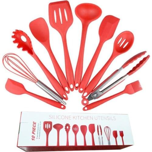 10pcs Useful Premium Silicone Kitchen Cooking Utensils Set with Storage Box Turner Tongs Spatula Soup Spoon Cooking Tools Set
