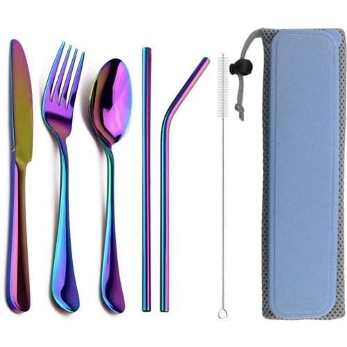 Light Portable 8 Pieces Flatware Set Stainless Steel Cutlery Set Knife Forks Spoons Juice Straws Clean Brush Durable Travel Bag