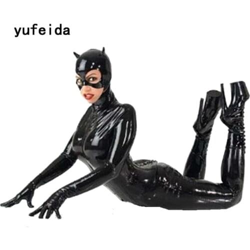 YUFEIDA Sexy Bodysuit Faux Leather Rubber Flexible Hot Latex Womens Black Erotic Hot Holes Erotic Catsuit Cat women Costume