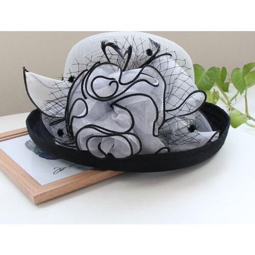 British Lady Deby Race Fedora Hat Summer Church Elegant Sinamay Flower Linen Sun Cap Women Vaction Curl Brimmed Cloche Hats