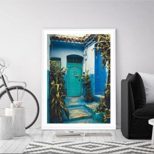 Blue Door Islamic Architecture Canvas Paintings Nordic Style Home Decoration Landscape Posters And Prints Wall Art Picture