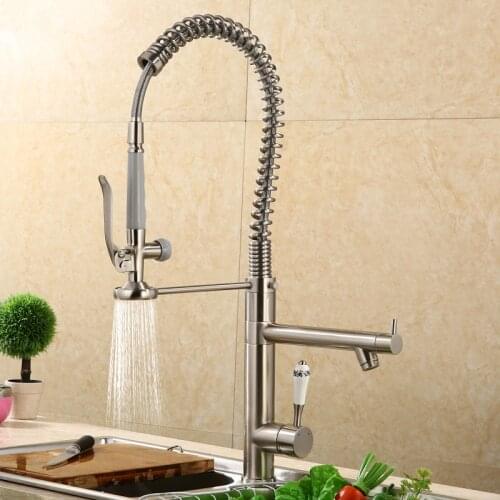 Kitchen Sink Faucets Solid Brass Pull Down Spring Spray Nozzle Mixer Tap Hot & Cold Rotating Deck Mounted with Ceramic Handle