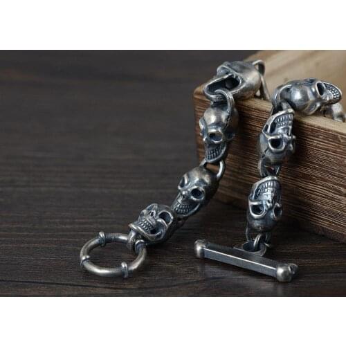 78g heavy 925 solid Sterling Silver Mens Gothic skull link Handmade high details Bangle Bracelet 25cm A4303