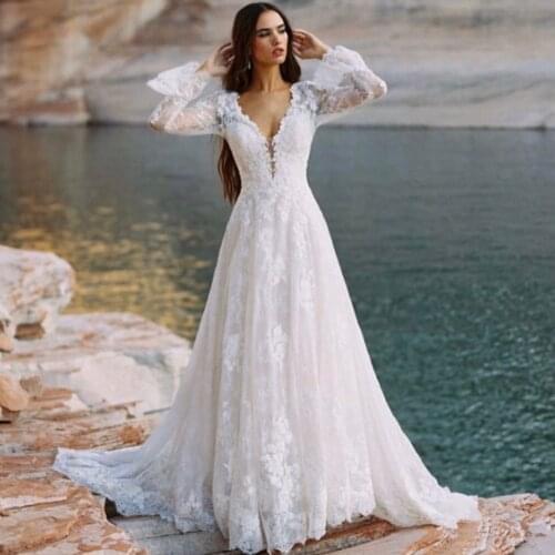 Gorgeous Wedding Dress 2021 A-Line V-Neck Flare Long Sleeve Lace Appliques Tulle Sweep Train Bridal Gown Vestidos De Noiva