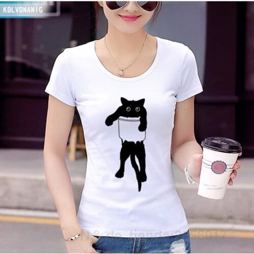 Cat Tshirt Pocket Black Cat Printed Funny T-Shirt Female O-Neck Short Sleeve Women Tops Tee Best Friends T Shirt Kawaii Clothes
