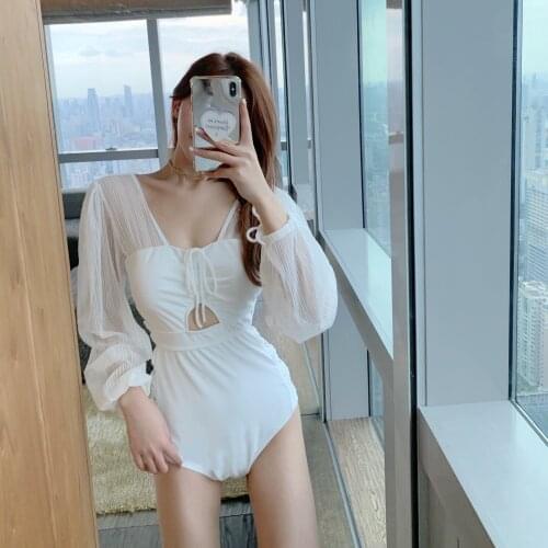 Womens Swimwear Swimsuit One Piece Whole Korean For Girls Fused New Long Sleeve White Suits Female French Sexy Backless High