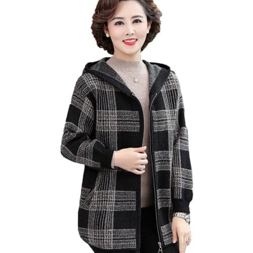 Middle-aged Elderly Mothers Sweater Womens knitted Sweater Cardigan Autumn Winter Hooded Zipper Lattice Casual Coat Outwear