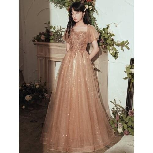 Women Temperament Square Neck A-Line Evening Dress Sexy Luxury Exquisite Sequins Formal Party Wear Gown