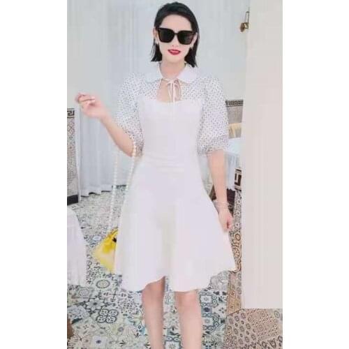 2021 Autumn Fashion Sweater Dress High Quality Women Turn-down Collar Polka Dot Print Patchwork Puff Sleeve Casual Knitted Dress