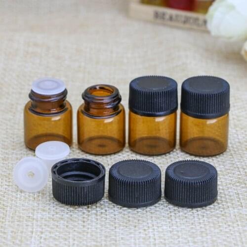 10PCS 1ml Mini Amber Glass Essential Oil Bottle with Black Cap Brown Cosmetic Essential Oil Powder Sample Test Refillable Bottle