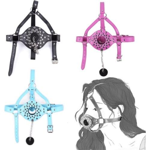 SM Bondage Open Mouth Plug Oral Sex Gag Muzzle Ring Ejaculation Swallowing Sperm Leather Head Harness Slave Mask Couple Sex Toys