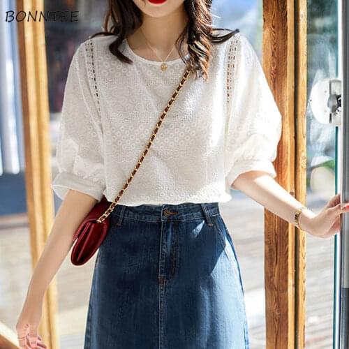 Blouses Women 2021 Summer New Loose Half-sleeved White Hook Flower Hollow Casual Plus Size Ulzzang Office Lady Simple O-neck Ins