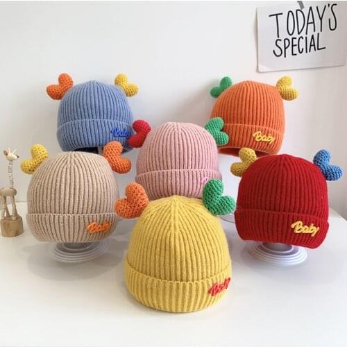 Kids Baby Hats for Girls Autumn/winter Children Infant Double Love Cuffed Knitted Headdress Baby Woolen Cap Warm