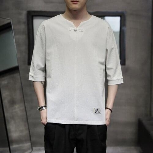 MenS Solid Color T Shirts Vintage 2021 Fashion Man Chinese Style Cotton Linen Short Sleeve T-Shirt Tops Streetwear Camisa 30343