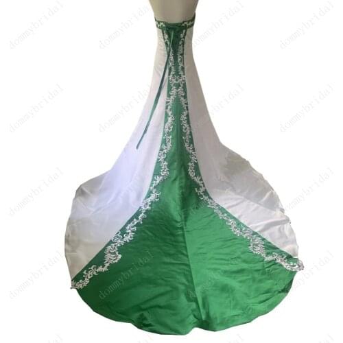 2021 Classic White and Green Embroidery Strapless A line Satin Country Lace Wedding Dresses Bridal Gowns with Corset Cheap Long