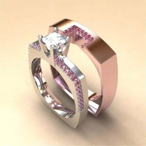 Fashion Princess Ring Pink Crystal Rings for Womens Girls Rose Gold Silver Filled Wedding Ring Set Lover Party Jewelry anello