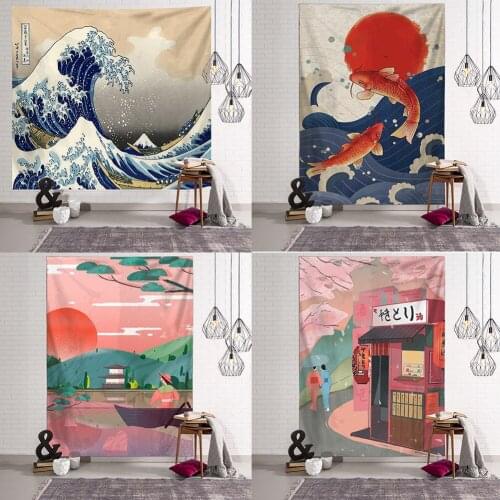 Hot Japanese Kanagawa Waves Printed Hanging Tapestry Whale Arowana Wall Hanging Tapestries Boho Bedspread Blanket Home Decor