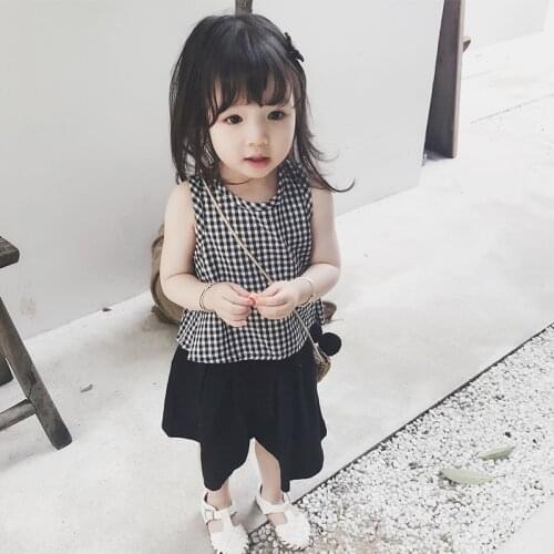 Korean style cute girls plaid vest + loose pants 2 pcs suits children cotton clothing sets baby girl casual outfits 2-6Y