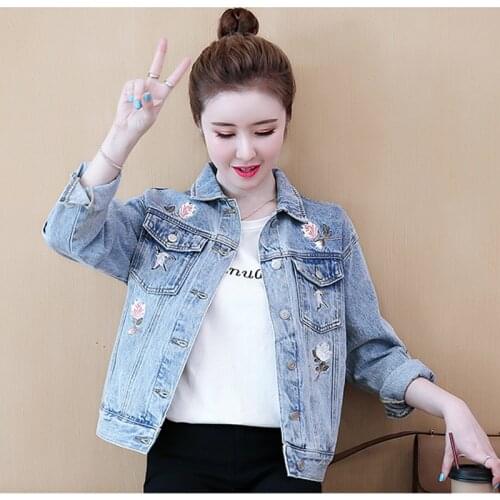 Autumn Spring Short Women Denim Jean Jacket Oversize Korean Elastic Cotton Embroidery Flora Denim Jackets Slim Female Tops