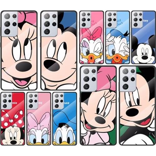 Mickey Minnie Couple for Samsung Galaxy S21 Ultra Plus A72 A52 4G 5G M51 M31 M21 Luxury Tempered Glass Phone Case Cover