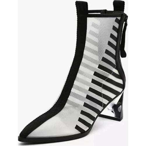 Phoentin Fashion Summer Boots Breathable Mesh Pointed Toe Short Booties Fashion Women 6 cm High Heels shoes White Black FT1561