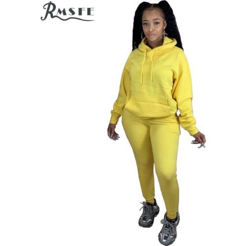 RMSFE 2020 Women Long Sleeve Hooded Slim Outfit Tracksuit Two Pieces Set letter Print High elastic Skinny Female Sportwear