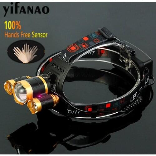 3T6 LED Fishing Headlight with IR Sensor Smart Light High Power Rechargeable Flashlight 18650 Head Torch Zoom Waterproof Lantern