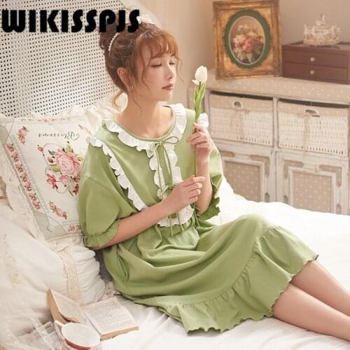 WIKISSPJS 2021 Summer New Cotton Mid Skirt Loose and Comfortable Short Sleeve Household Clothes Sleeping Dress Green Nightgown