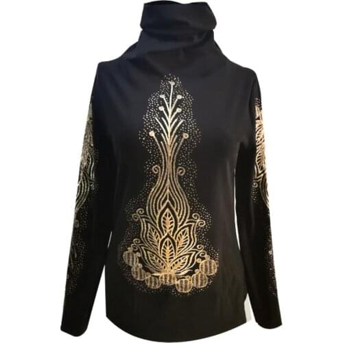 Fashion diamond heavy work embroidery bottoming t -shirt women high collar top tees plus size 3XL