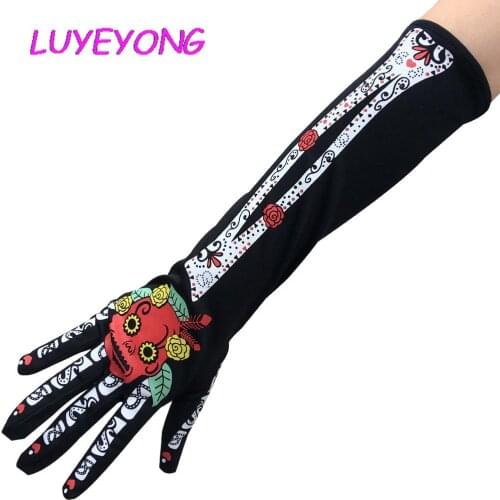 Lady Gothic Cartton Face Print Props Halloween Gloves Street Mittens Cool Novelty Skeleton Women Elbow Length Glove 2020 Fashion