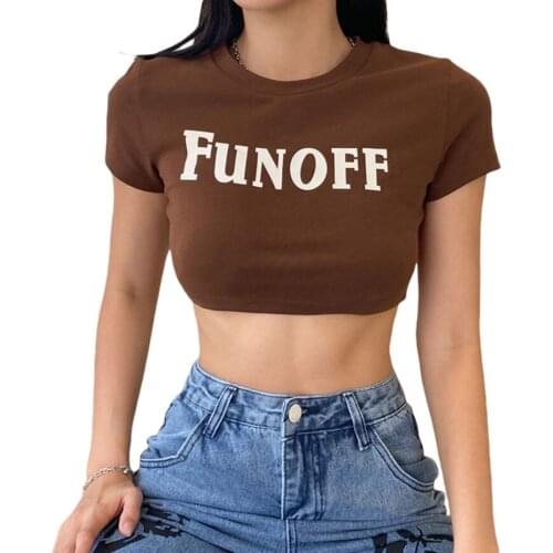 Women Summer Crop Tops Letter Print Round Neck Short Sleeves Slim T-Shirt Streetwear for Girls Brown