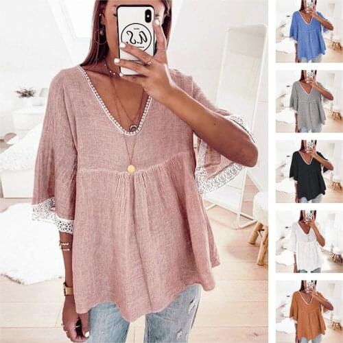 New Solid Color V-neck Lace Womens T-shirt Fashion Stitching Loose Short-sleeved T-shirt Summer Casual Pullover Tops T Shirts