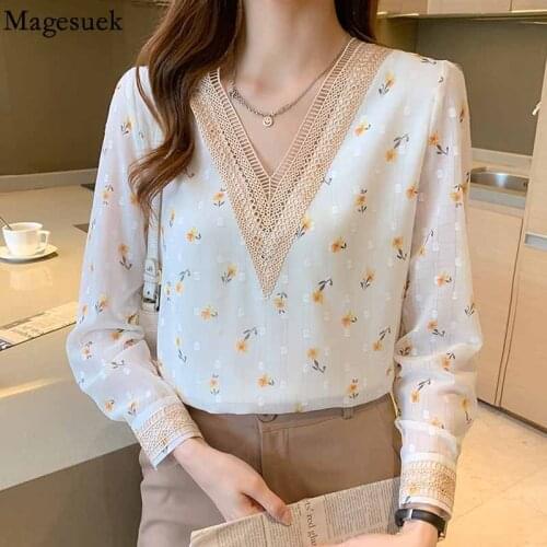 Casual Vintage Floral Print Chiffon Shirt Tops V-neck Loose Womens Shirt Elegant Long Sleeve Lace Blouse For Women Blusas 16376