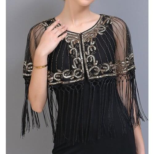 Women Vintage 1920s Shawl Beaded Sequin Fringe Flapper Bolero Sheer Floral Embroidery Mesh Shrug Cape Fancy Party Cover Up