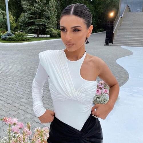 2021 Winter Women Fall Party High Street Solid Halter Sexy Bodycon Bodysuit Single Sleeve Slim Clubwear Romper Top Autumn Female