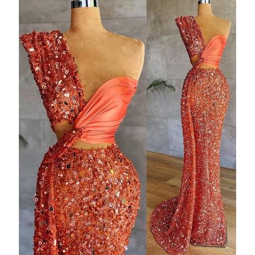 Sparkly Sequined One Shoulder Mermaid Prom Dresses Beaded Long Evening Dress Real Image Plus Size Formal Gowns Party Wear