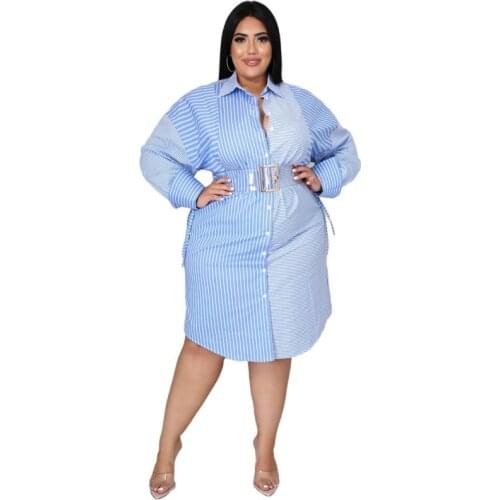 Vintage Dress For Women 2021 Autumn New Fashion Striped Print Tie Shirt Dress Casual Loose Mid-length Skirt African Clothing