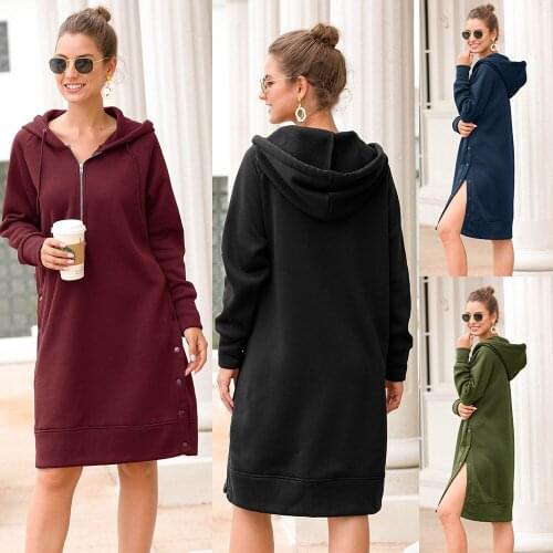 Button Split Side Hoodies Dress Autumn And Winter Fashion Long Sleeve Sweatshirt Dress Women Knitted Dresses Loose Tunic Dresses