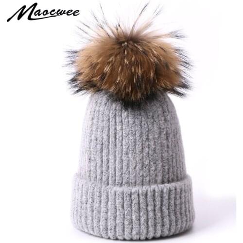 100% Real Raccoon Fur Pompom Beanie Hat For Women Winter Outdoor Knitted Wool Warm Thick Ski Caps Fashion Solid Color Bonnet Hat