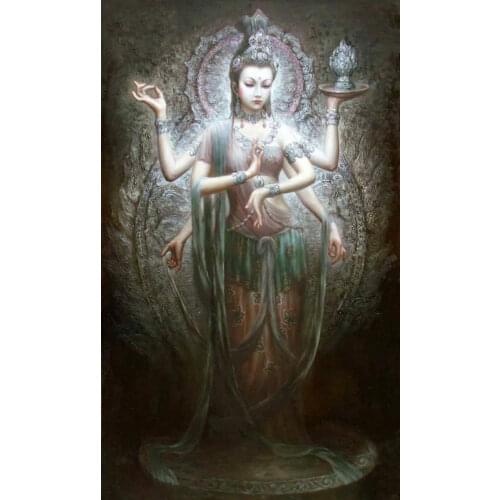 100%Handmade Huge Oil painting Chinese Dunhuang Flying Goddess beauty Thousands Hands Guanyin