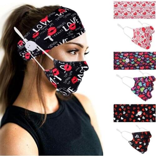 2 Pcs/Set Valentines Print Women Button Headband with Mask Yoga Hair Accessories Elastic Hair Bands Head Wrap Head Bands