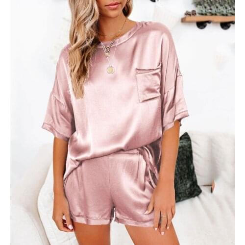 2021 Summer New Womens Pure Color Satin Sexy Silk Chiffon Pajamas Home Service Casual Pajamas Two-Piece Set