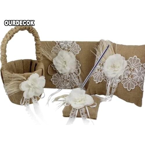 4Pcs/set Vintage Hessian Burlap Wedding Guest Book&Pen Set &Ring Pillow& Basket With flower feather Bridal Decoration Supplies