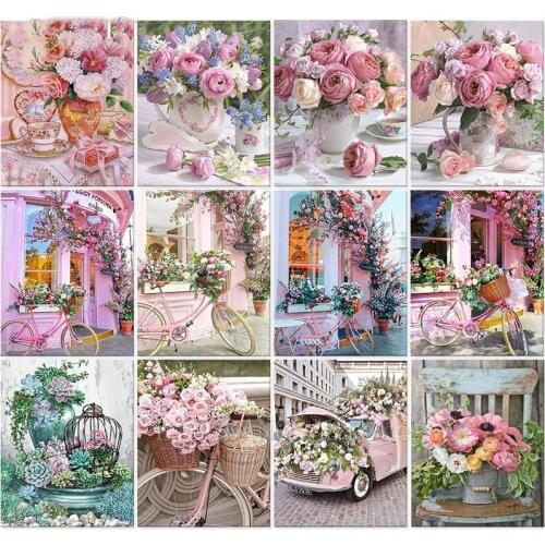 5D DIY Full Drill Diamond Painting Pink Flower Landscape Diamond Mosaic Plant Scenery Embroidery Cross Stitch Home Decor Gift