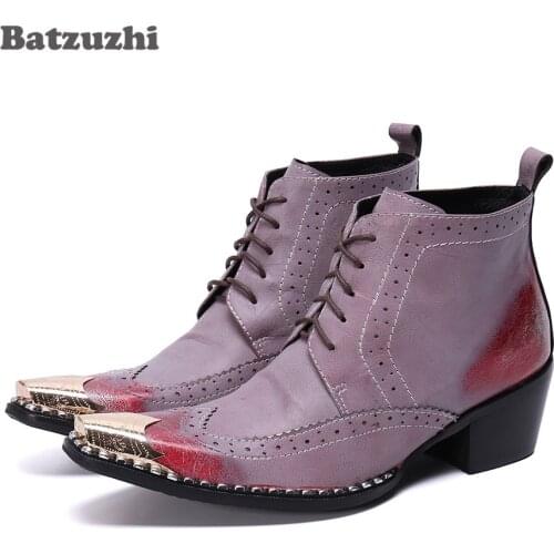 Batzuzhi Rock Fashion Men Boots Pointed Iron Toe 6.5cm High Heels Leather Dress Boots Ankle Lace-up Party Botas,Big US6-12